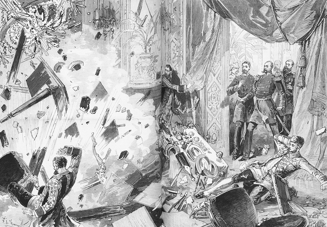 L’imperatore Alessandro II dopo l’esplosione, la sera del 5 febbraio 1880. Da “Le Monde Illustré”, 1880. Trovato nella collezione della Bibliothèque Nationale de France. Artista  Frédéric De Haenen (1853-1928)