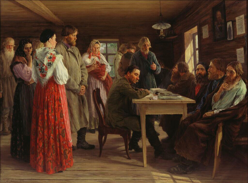 “Tribunale distrettuale”, dipinto del 1888 del pittore Mikhail Zoshchenko (1857-1907)