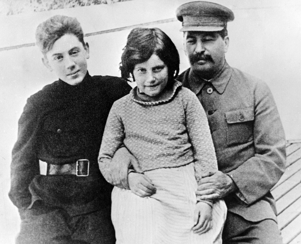 Joseph Stalin with his kids, Vasily and Svetlana, 1935.