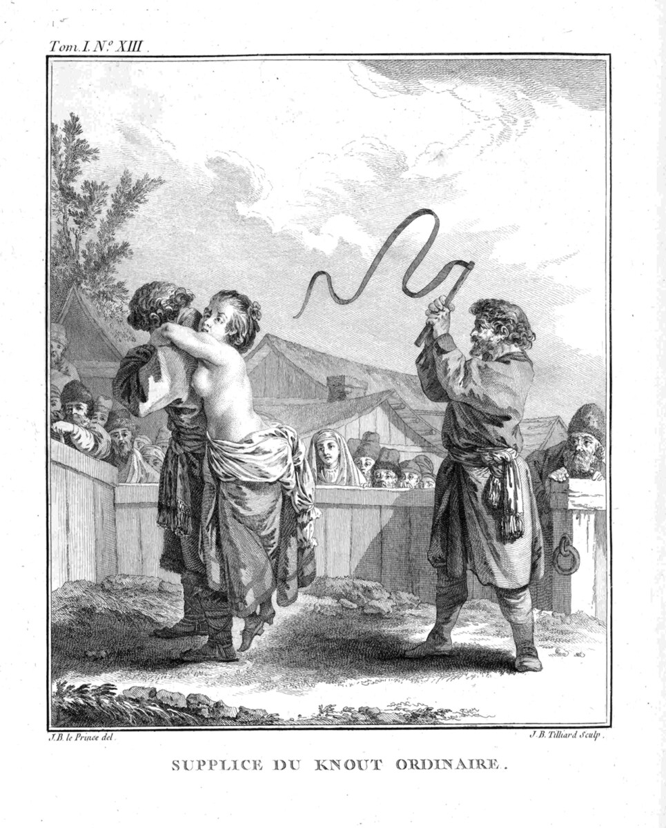 Bičevanje. N. Lopuhine. Gravira Jean-Baptistea Le Princea iz knjige, 1766. 