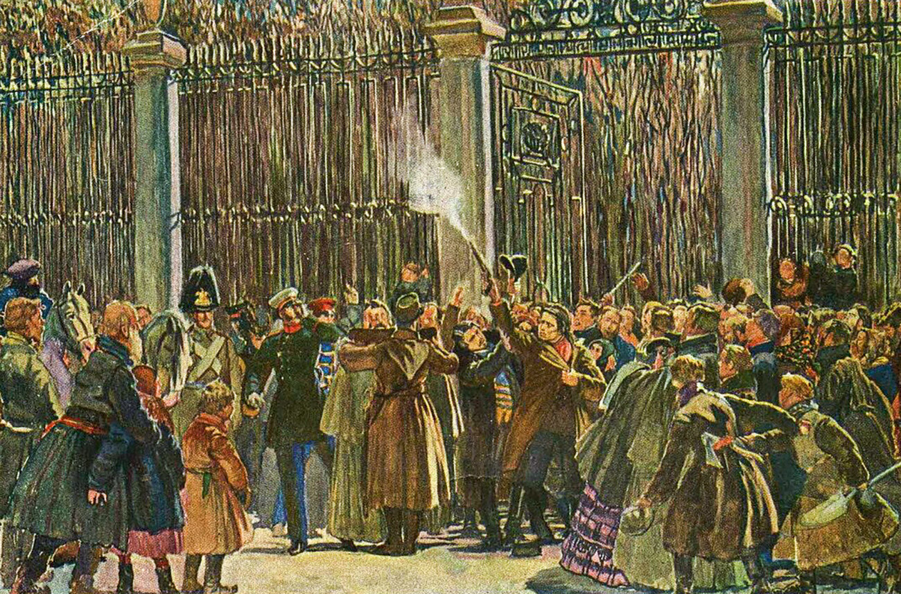 Karakózov disparando a Alejandro II. Una postal soviética