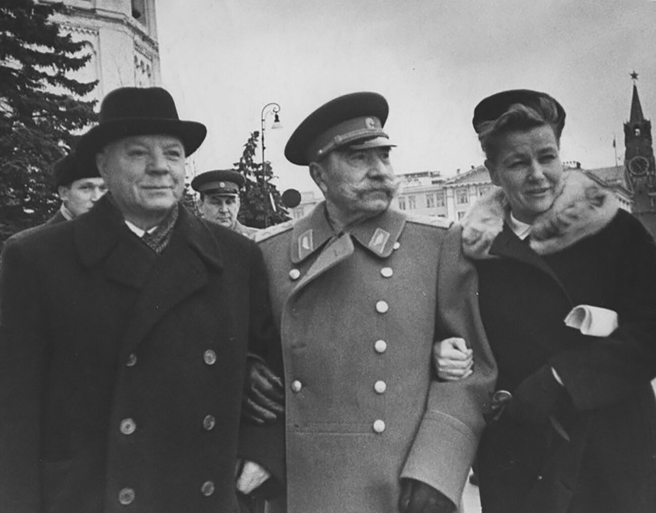 Kliment Voroshilov, Semyon Budyonny and Yekaterina Furtseva at the Moscow Kremlin