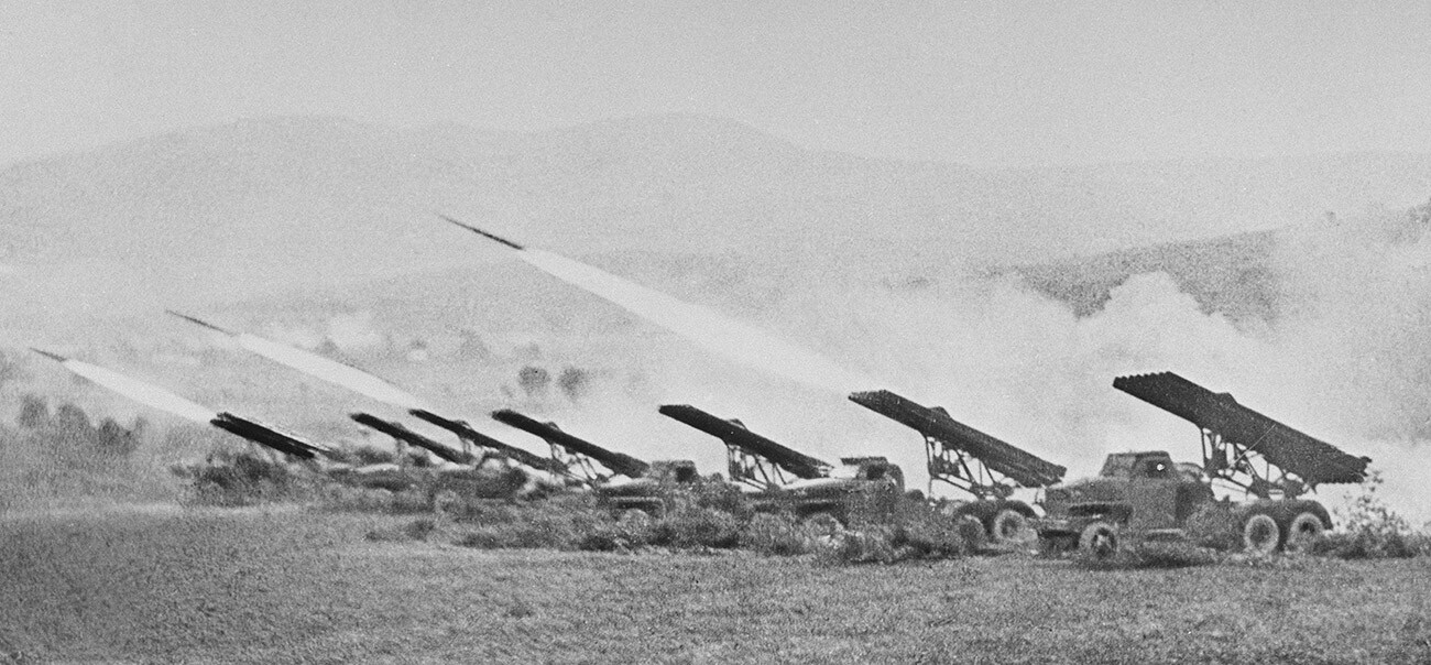 Katyusha rocket launchers firing at the enemy during the battle of Stalingrad.