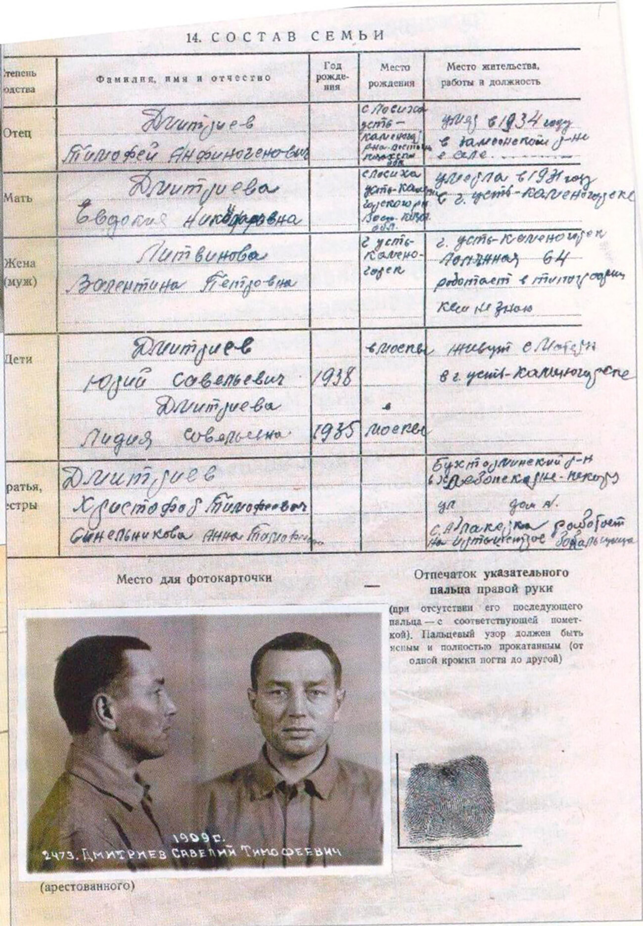 Page du dossier personnel de Saveli Dmitriev accusé par la police secrète soviétique (NKVD)