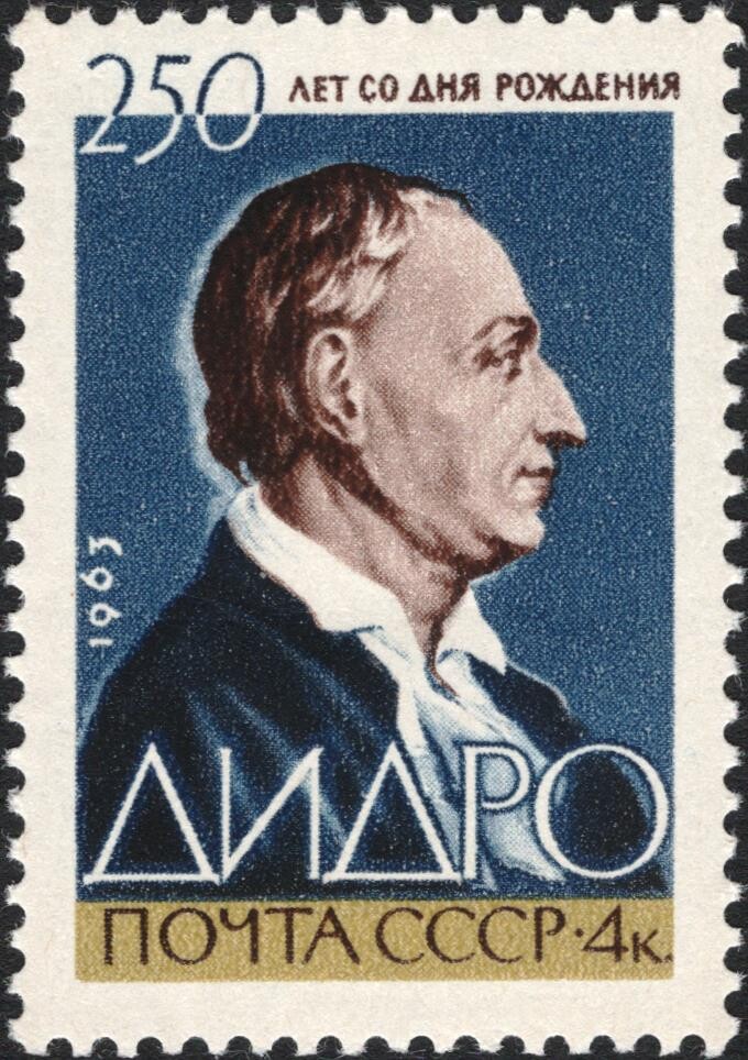 Estampilla soviética en homenaje al 250º aniversario del nacimiento de Diderot. Año 1963. 