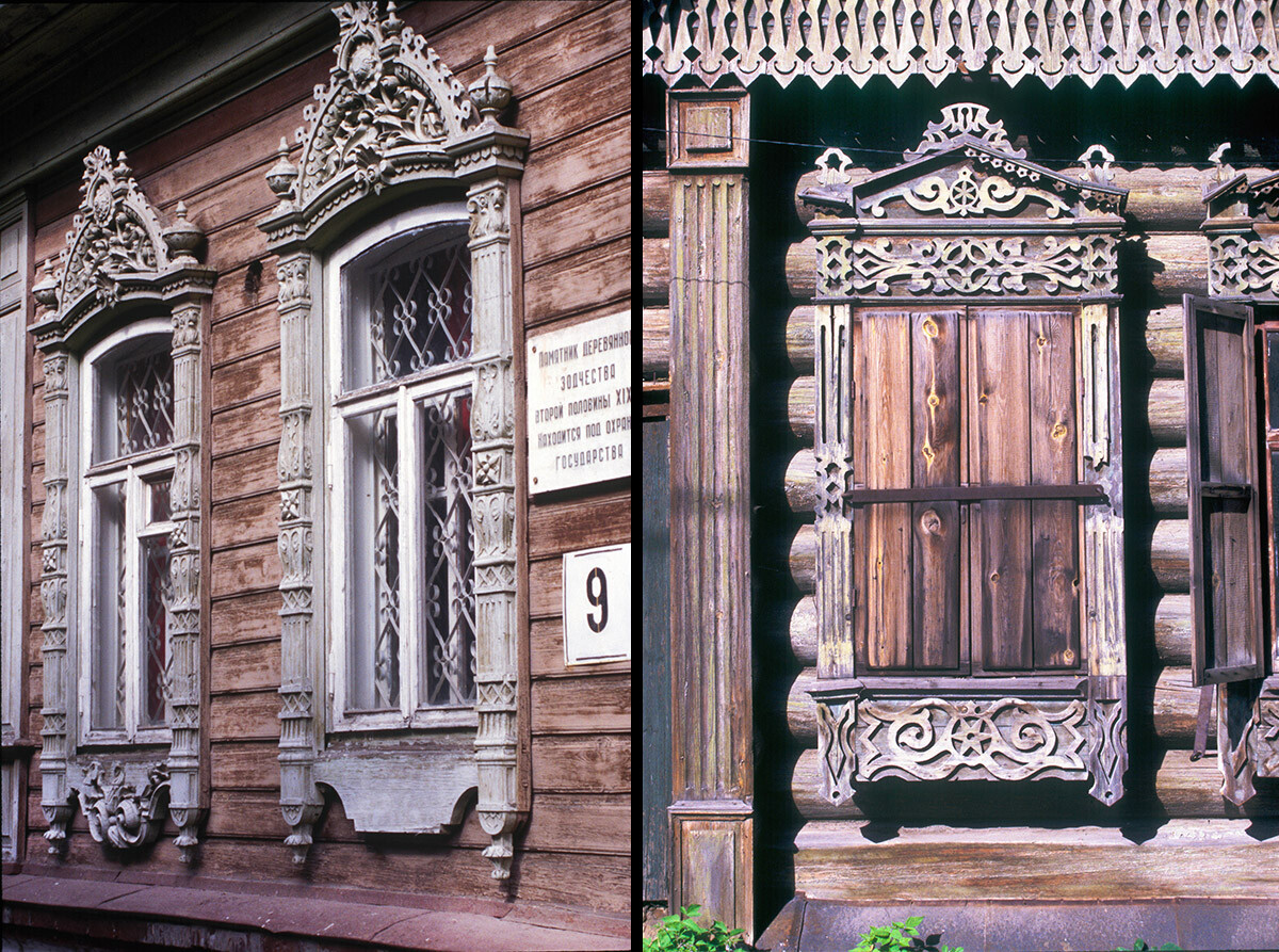 Wooden houses. L:eft: Volodarsky Street. Built at end of 19th century, the house has exuberant carved decorative window frames. 
Right: Komsomol Street. Built around 1900 as a wing of the A. G. Andreev estate, this small structure displays remarkable examples of decorative fretwork. August, 1999