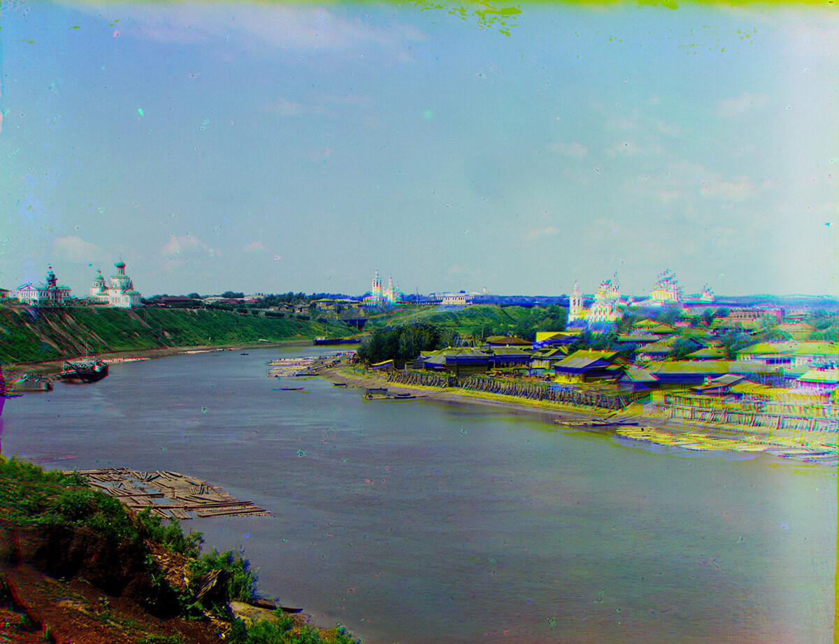 Tyumen. View up the Tura River. From left: Annunciation Cathedral (demolished); Church of Elevation of the Cross; Church of the Ascension & St. George; Trinity Monastery. Summer 1912