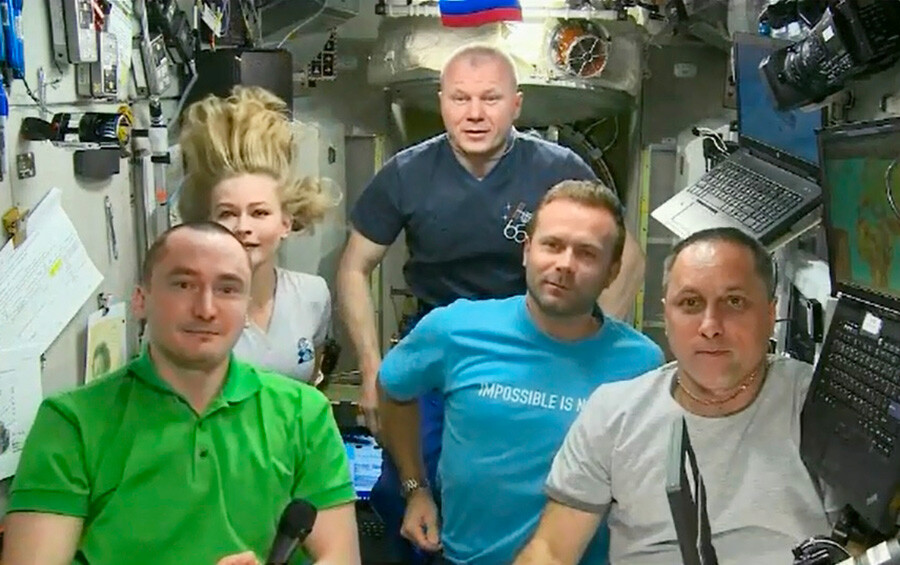 Yulia Peresild, Klim Shipenko and cosmonauts pictured on the ISS