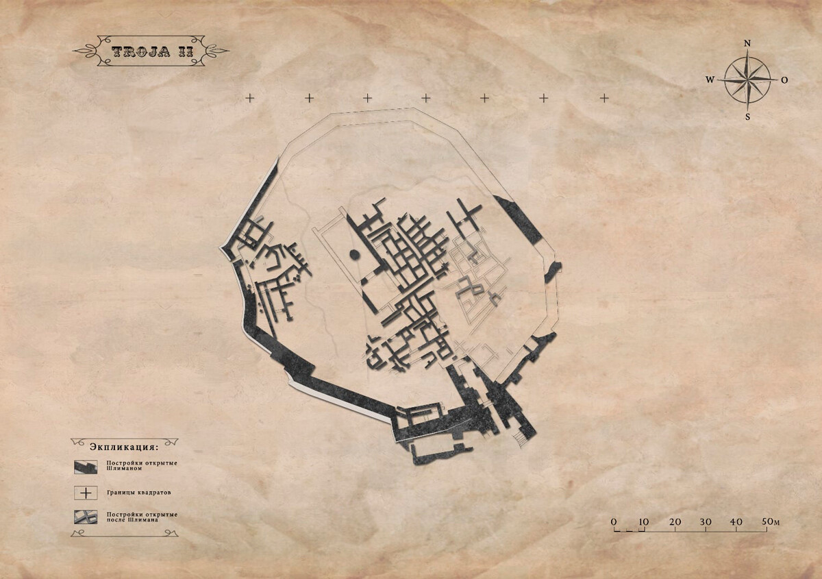 Karte der von Schliemann entdeckten Ruinen von Troja