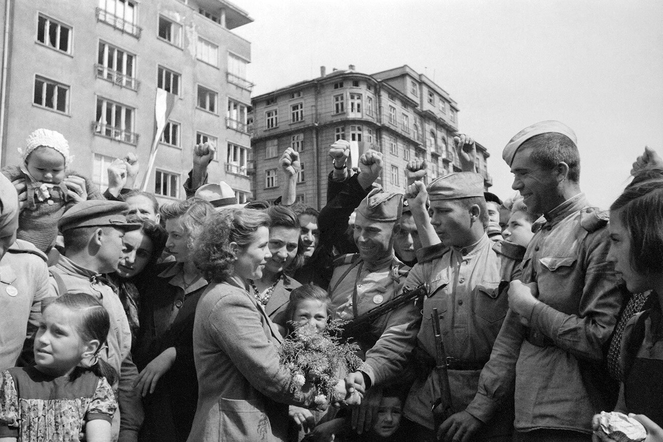 Soviet troops being greeted by citizens of Sofia.