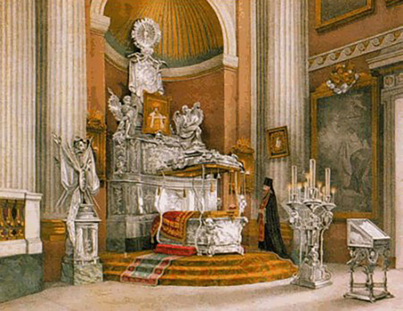 The shrine in the Alexander Nevsky Lavra, a 1890 lithograph 