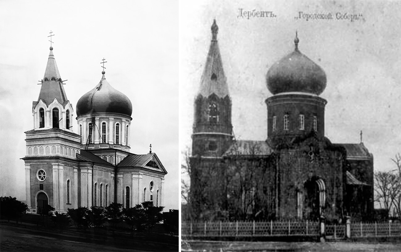 À droite: cathédrale Alexandre Nevski à Makhatchkala. À gauche: cathédrale Saint-Georges-le-Victorieux à Derbent.
