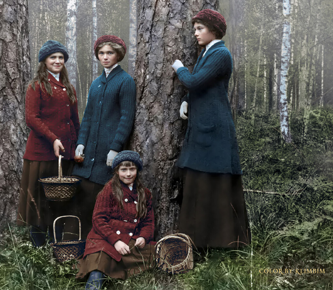 The Grand Duchesses hunting for mushrooms in a forest.