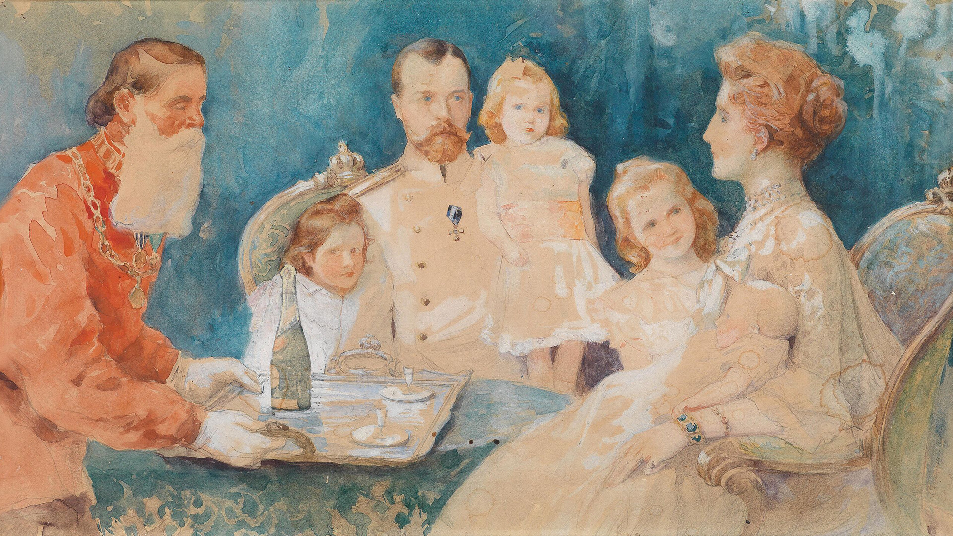 “Lo Zar e la famiglia”, 1902. Opera della pittrice e illustratrice imperiale russa Elena Samokish-Sudkovskaja (1863-1924)