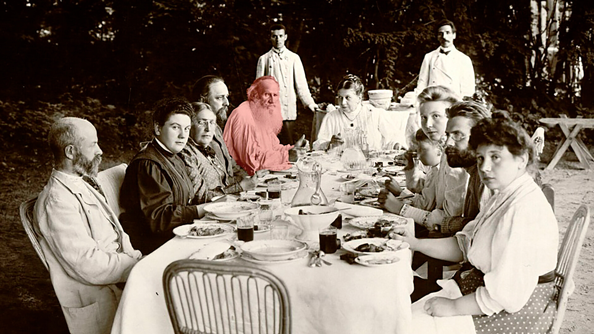 Leo Tolstoy with friends and family taking lunch at Yasnaya Polyana estate. July 7, 1908