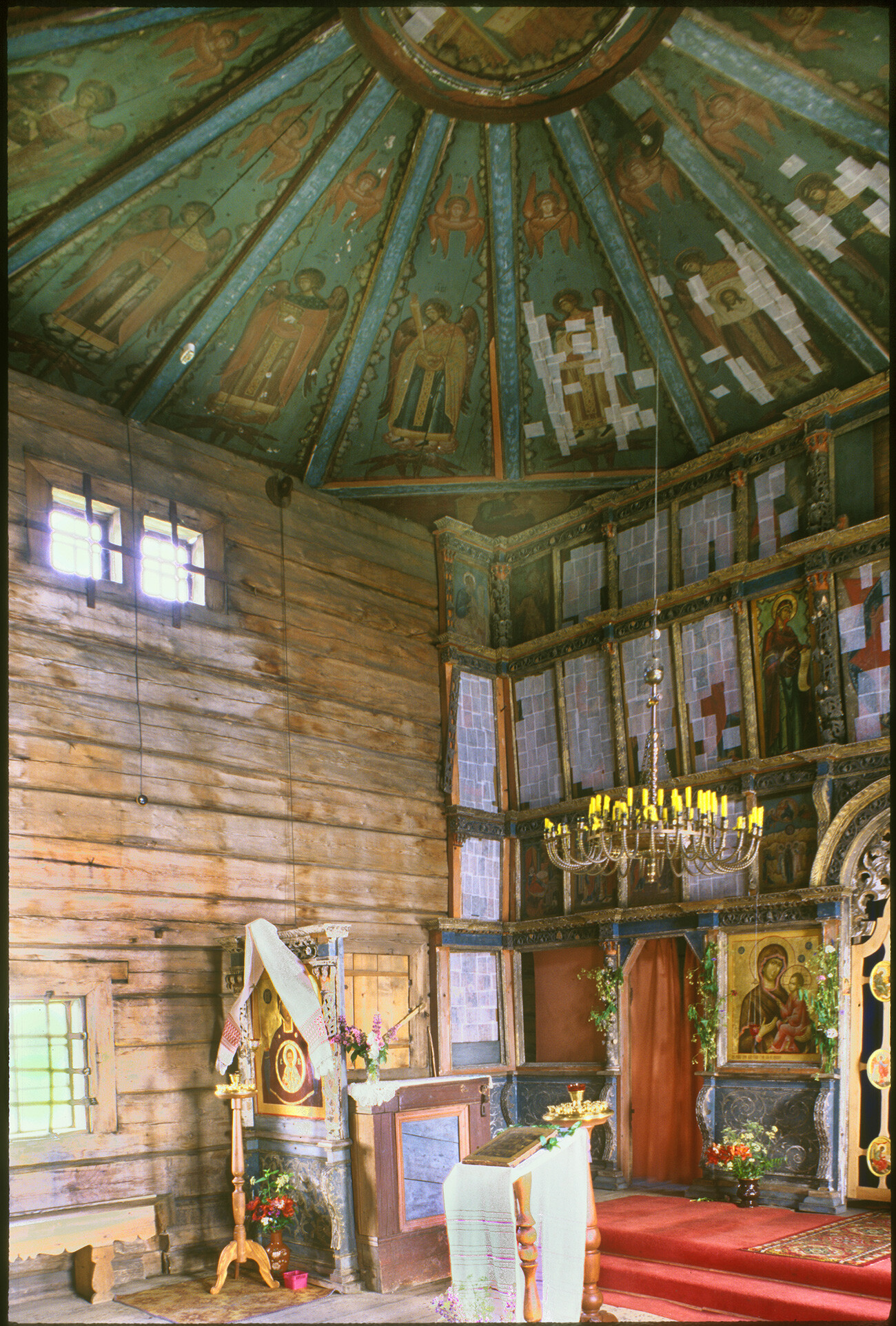 Church of the Dormition. Interior, view northeast with icon screen and painted ceiling. July 4, 2000