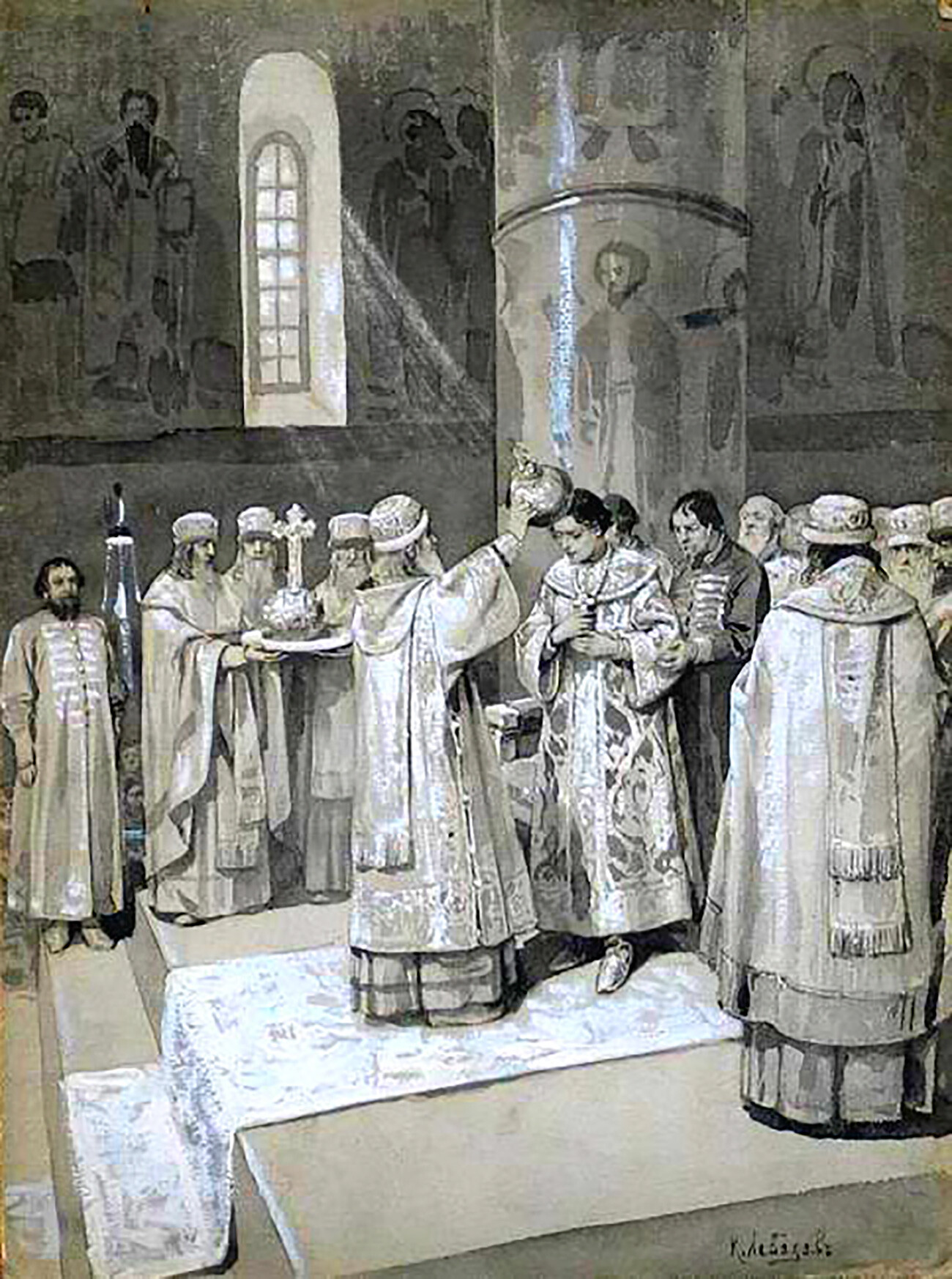Ivan the Terrible being crowned as a tsar in 1547.