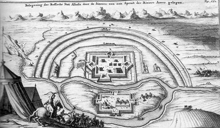 Опсада Албазина, гравира из књиге Н. Витсена „Северна и Источна Тартарија“, Амстердам, 1692.