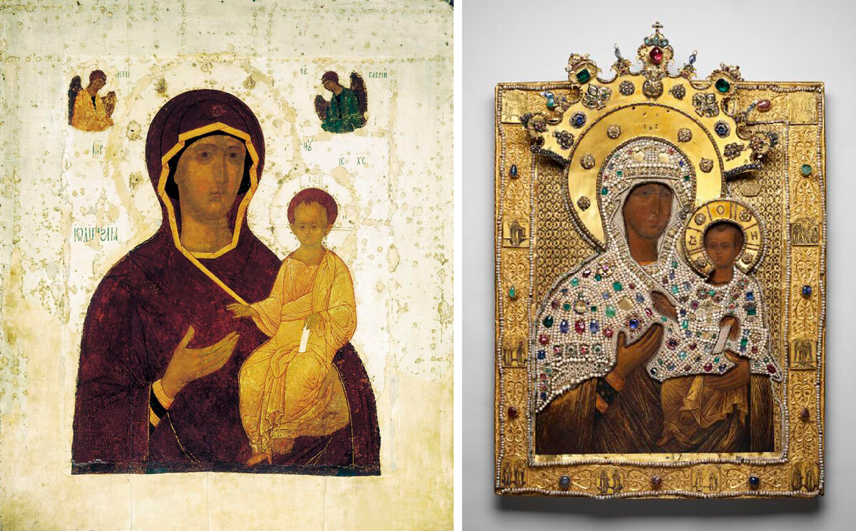 Слева: Смоленская икона (Дионисий, 1482 год). Справа: «Богоматерь Одигитрия Смоленская» в окладе, вторая половина XV века