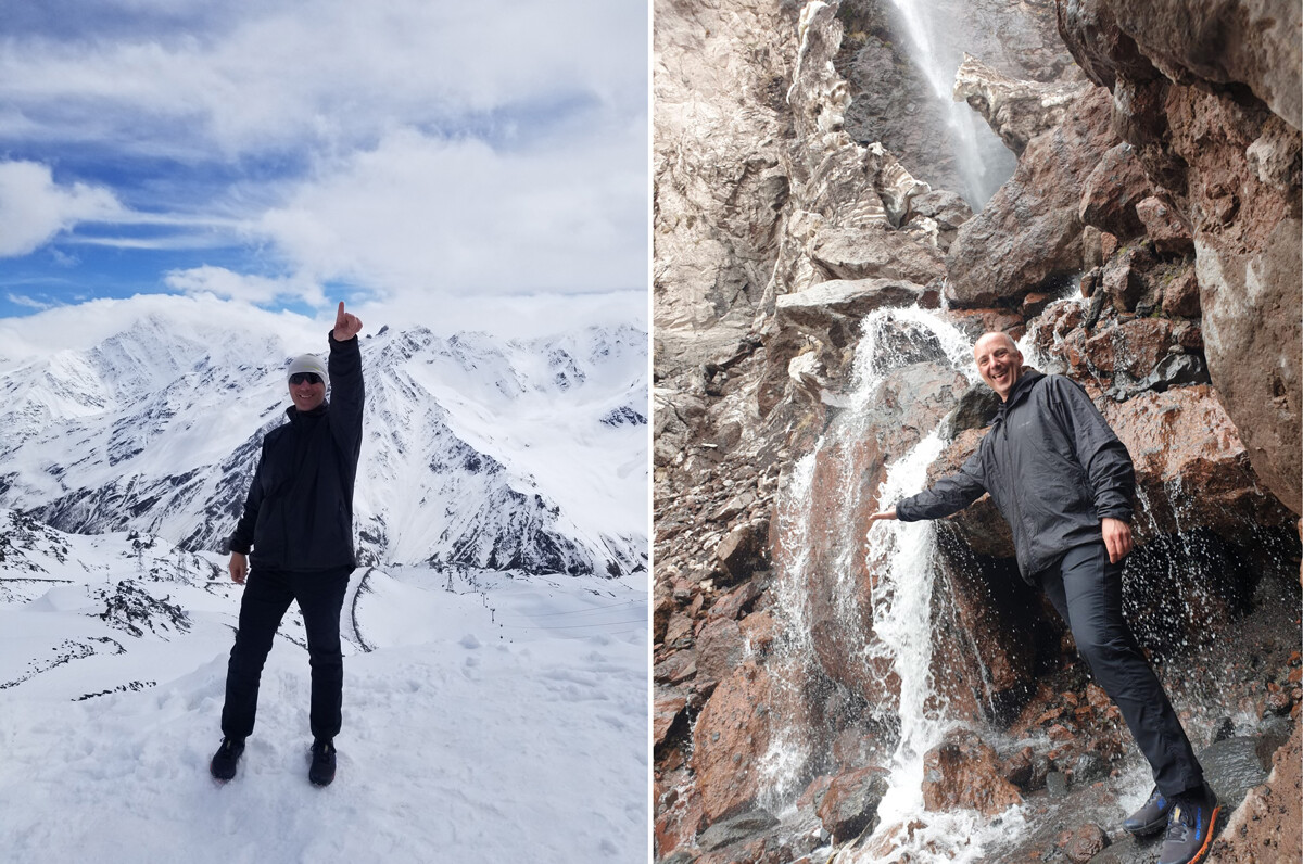 On Elbrus and waterfall on Azau Glade. 