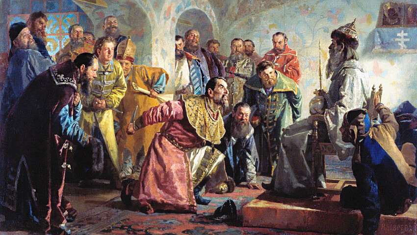 "Os Opríchniks", quadro de 1888, de Nikolai Nevrev. No quadro, Ivan, o Terrível (no centro), se prepara para assassinar um de seus boiardos, que supostamente queria se tornar o tsar. "Você recebeu o que queria", disse Ivan depois de colocar o boiardo em seu próprio trono.
