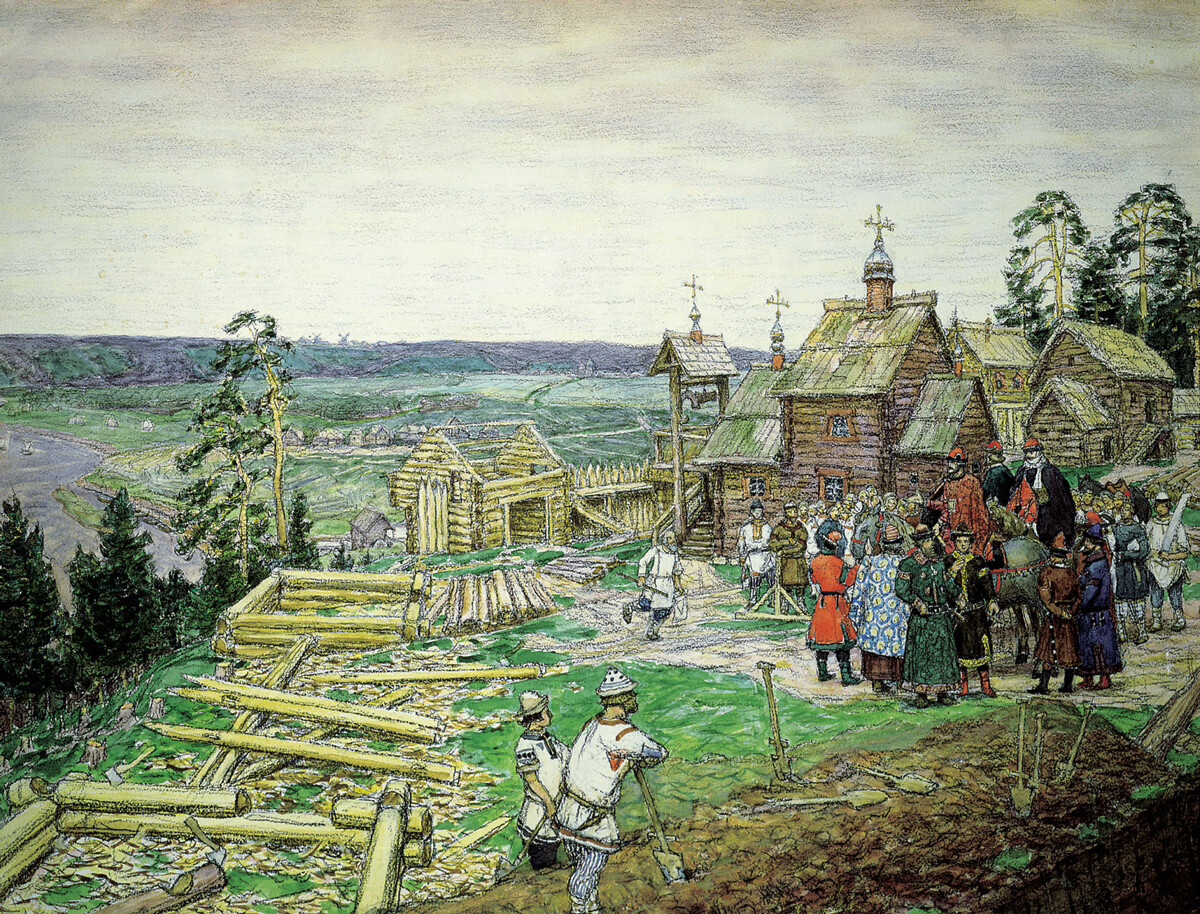 Fondation de Moscou. Construction des nouveaux remparts du Kremlin par Iouri Dolgorouki en 1156, par le peintre Apollinaire Vasnetsov 