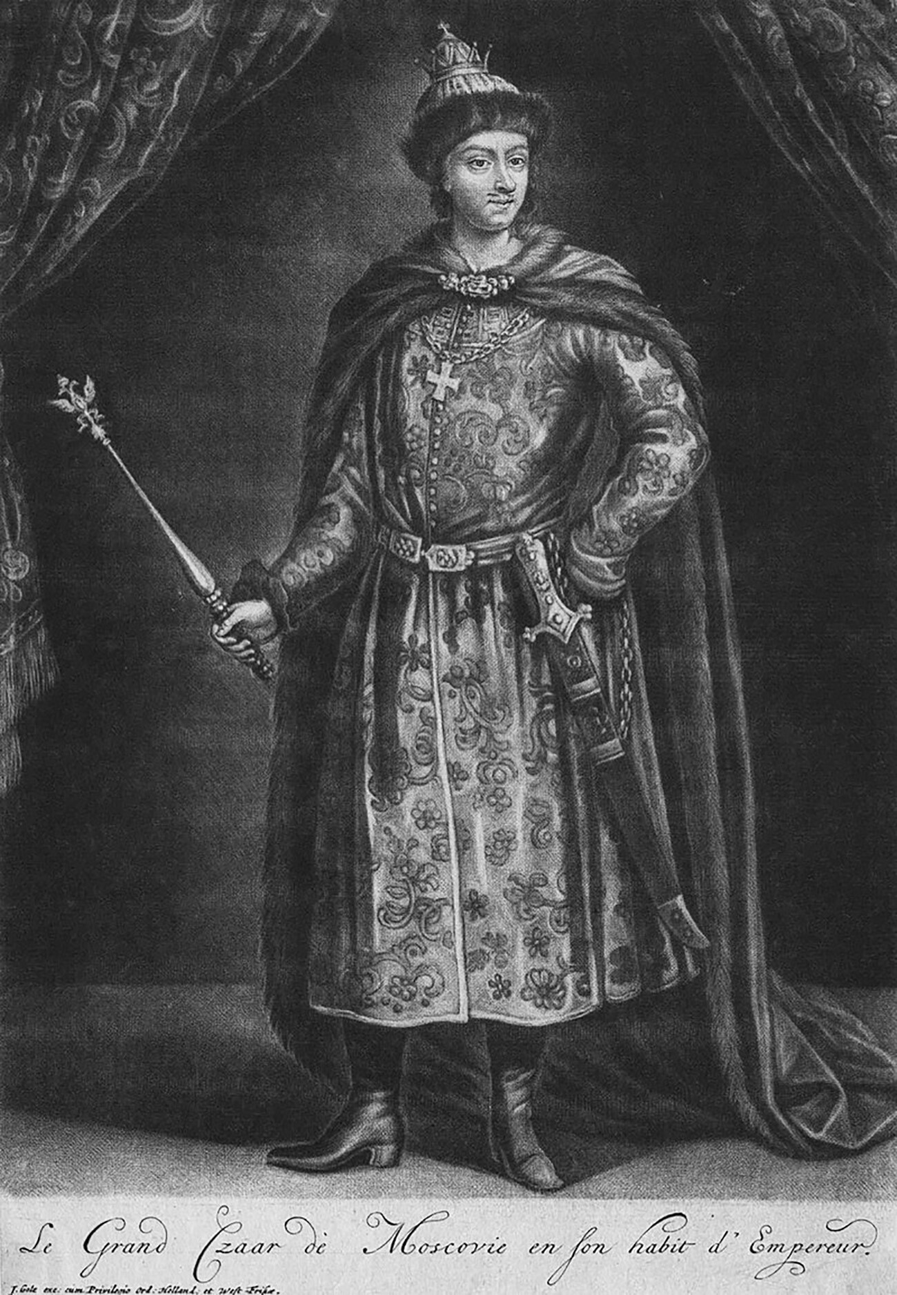 Pietro I (il Grande) in costume russo (incisione)
