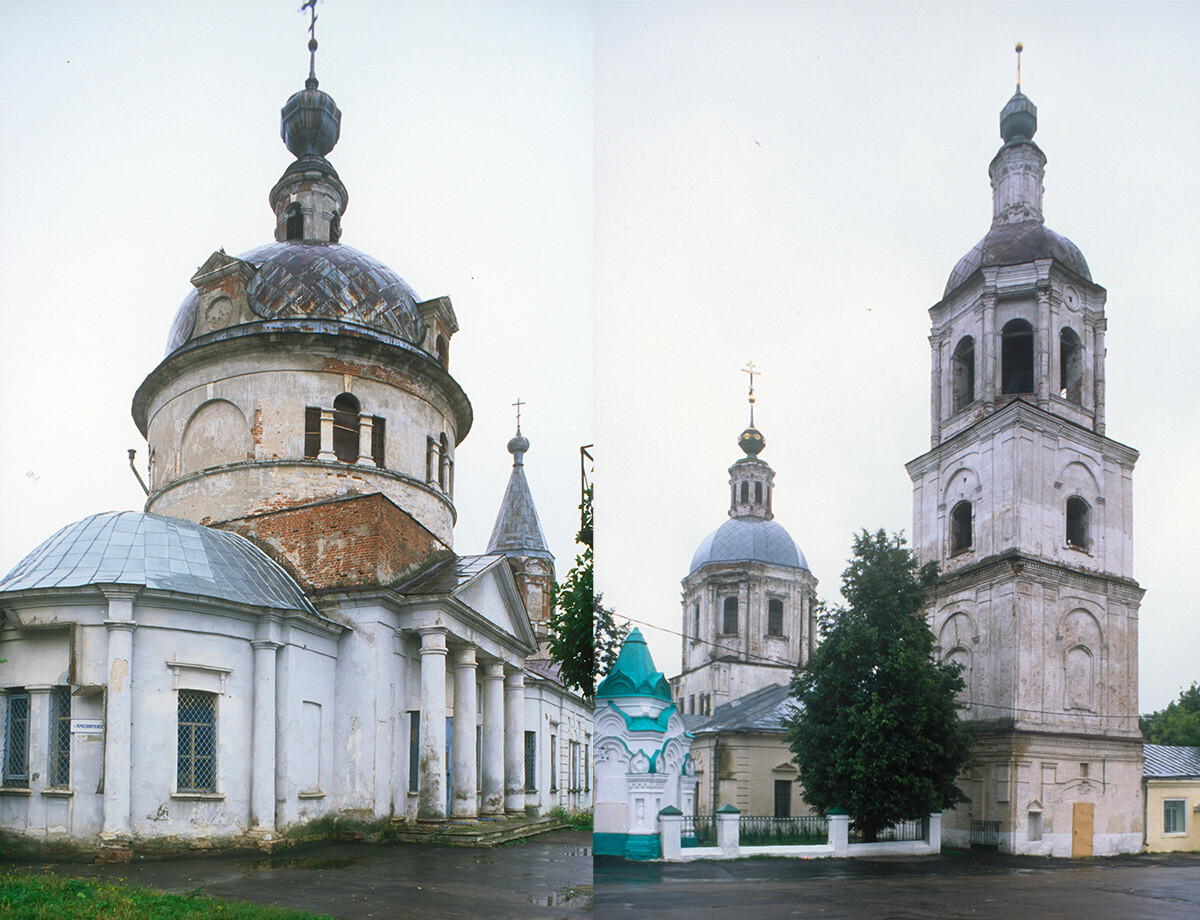Zaraisk. Left: Church of Elijah the Prophet (1835), northeast view. Right: Church of the Trinity (1776-1788), northwest view. Fyodor Dostoevsky would have seen these churches during his trips through Zaraisk to the family estate at Monogarovo. August 21, 2003
