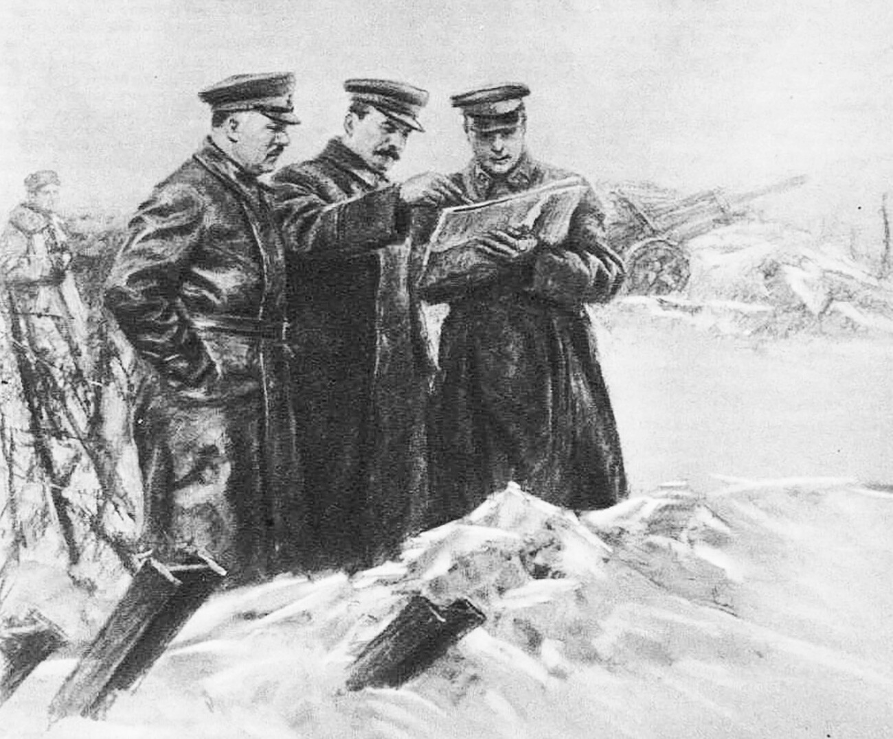 Stalin, Voroshilov y Rokossovski en líneas defensivas cerca de Moscú
