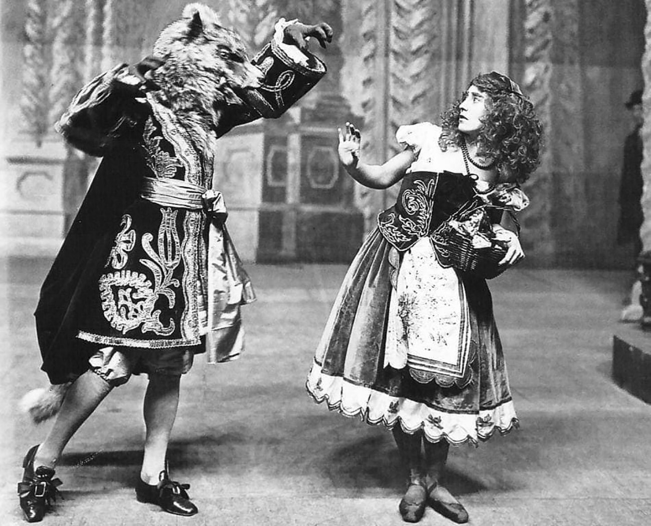 A scene from the ballet with the Red Riding Hood and the Wolf