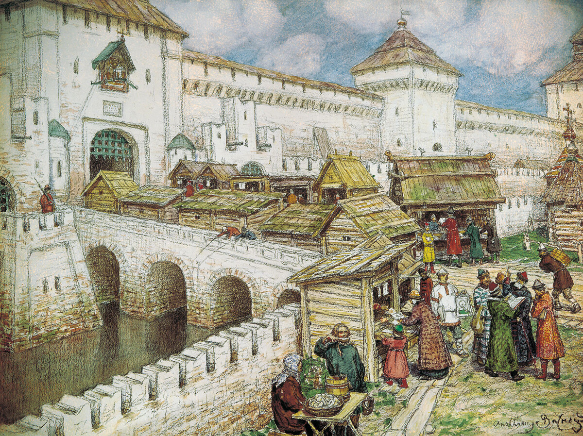 “Bancarelle di libri sul ponte Spasskij nel XVII secolo”, dipinto di Apollinarij Vasnetsov del 1916