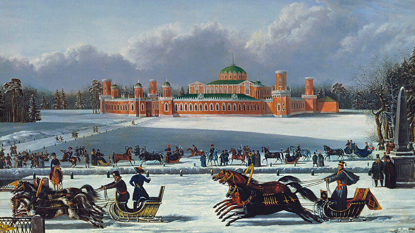 Санные гонки в Петровском парке. Неизвестный художник, 1830–1840-е годы