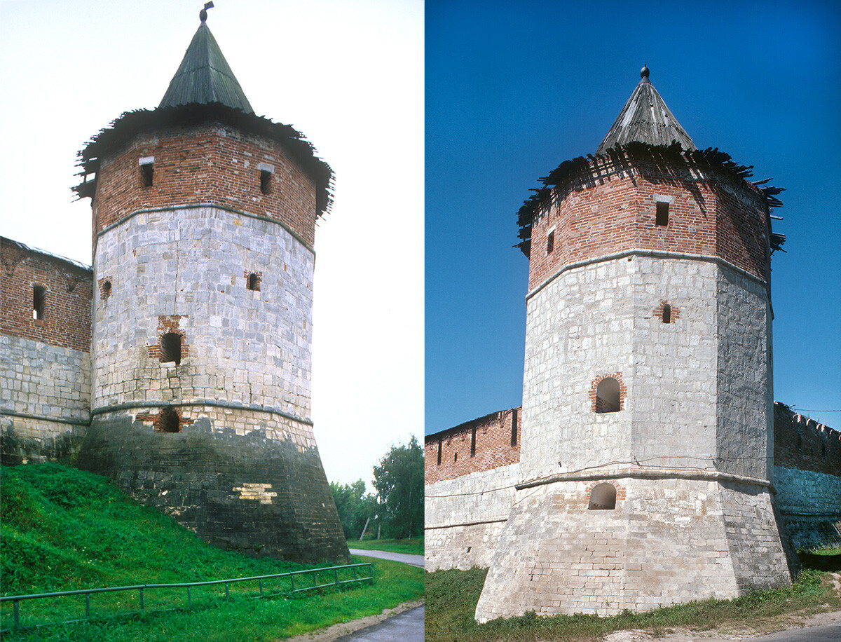 Cremlino di Zarajsk. Torre di guardia (angolo nordoccidentale con parte del muro settentrionale) e Torre angolare (angolo sudorientale). Agosto 2003 e 2005