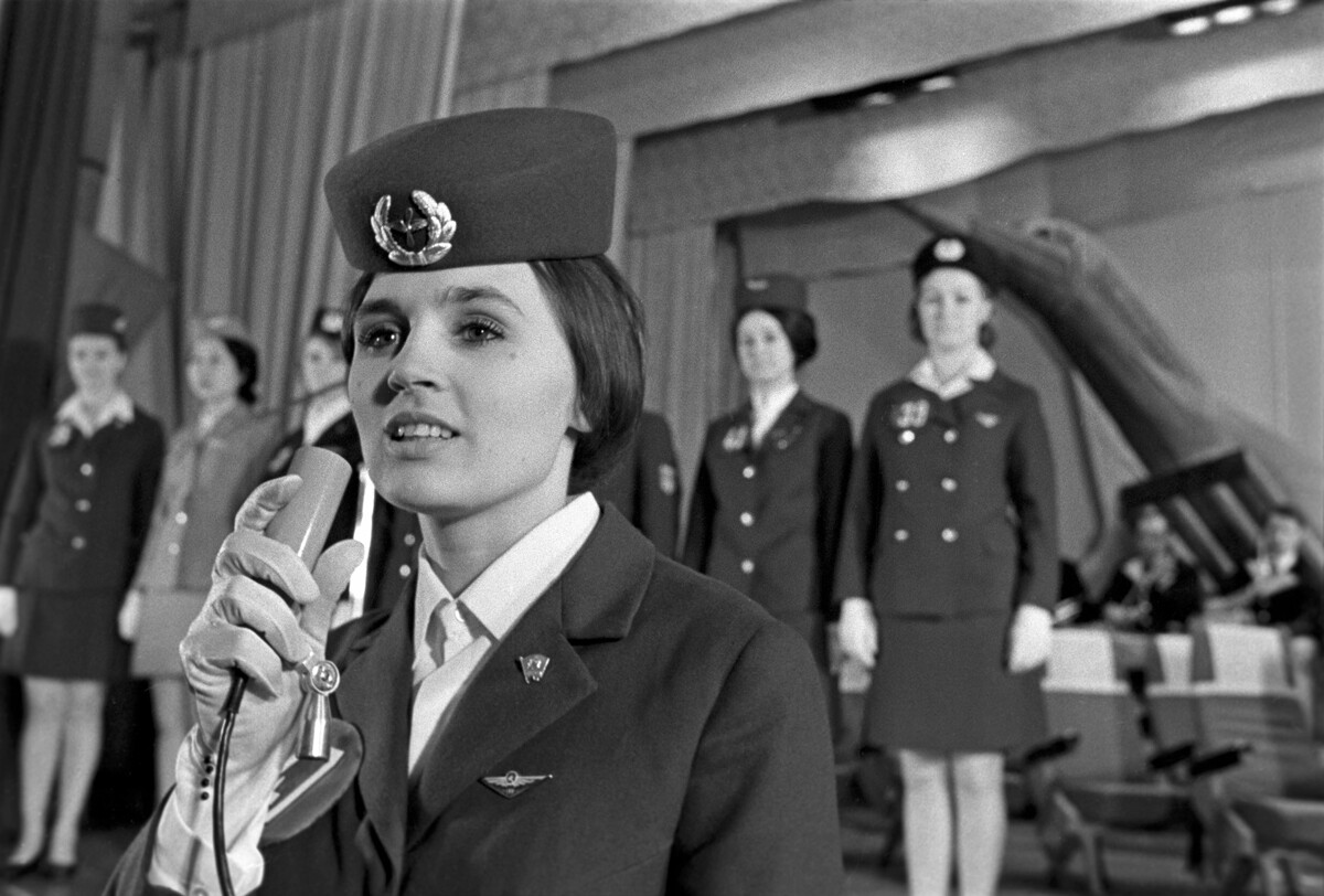 The first All-Union competition of flight attendants. The winner of the contest Ekaterina Kuznetsova performs. 1972.