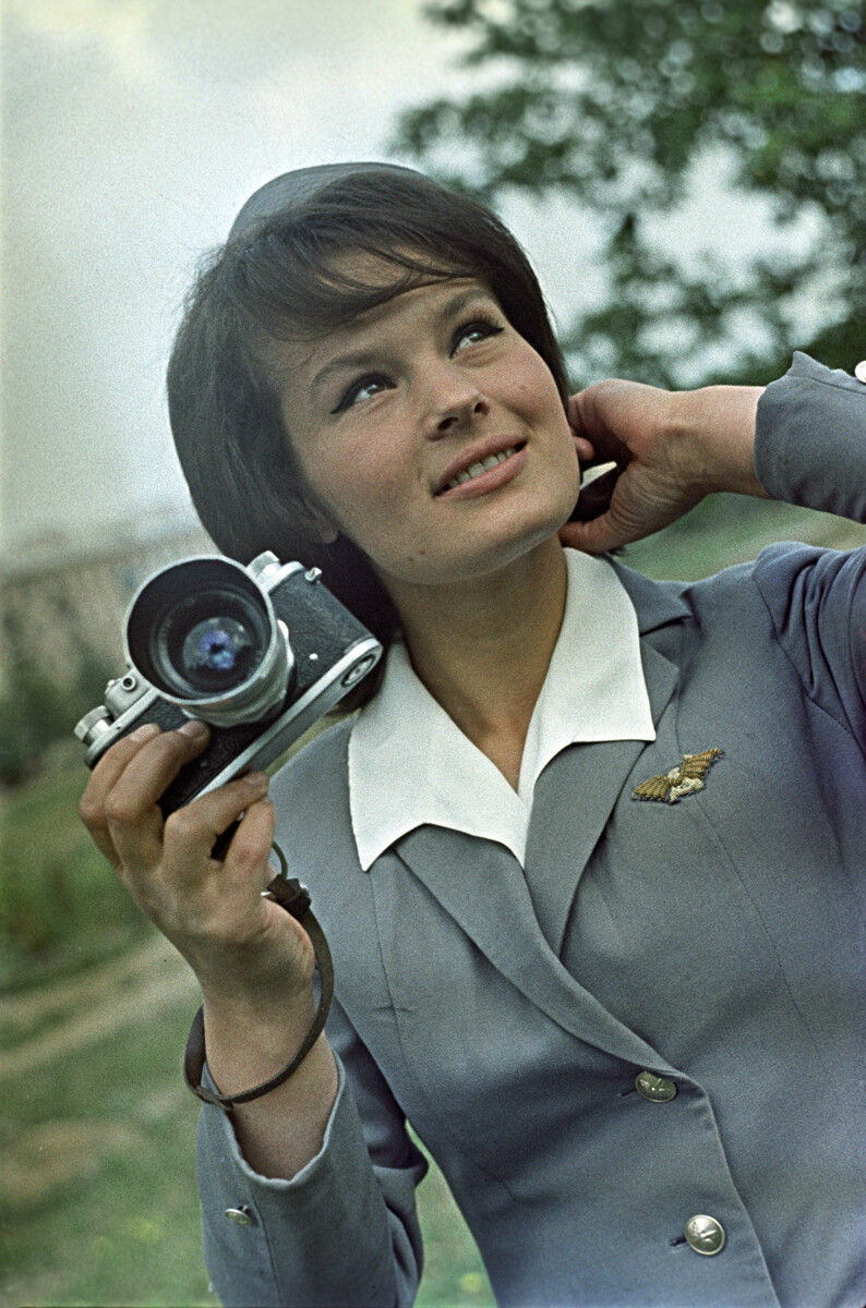 Aeroflot stewardess V. Nazarova at Vnukovo Airport, 1966.