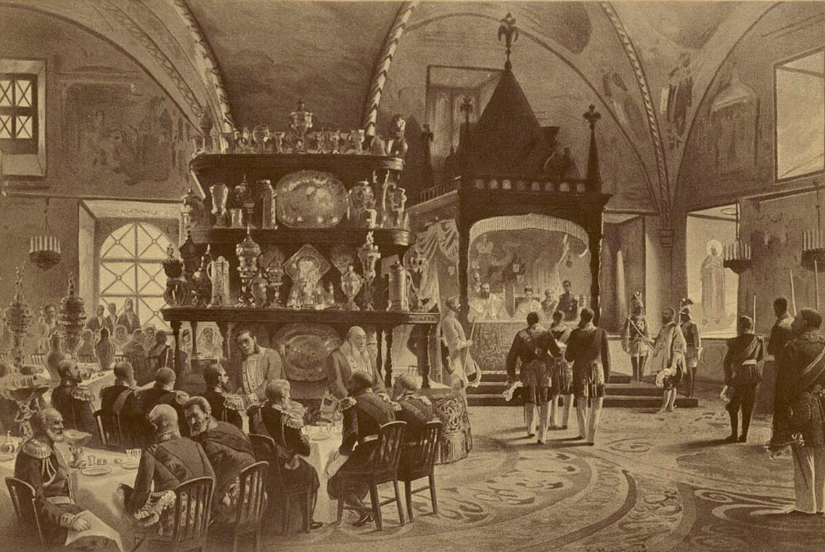 Mesa alta na Câmara dos Deputados em 15 de maio de 1883. Desenho de Konstantin Makôvski.