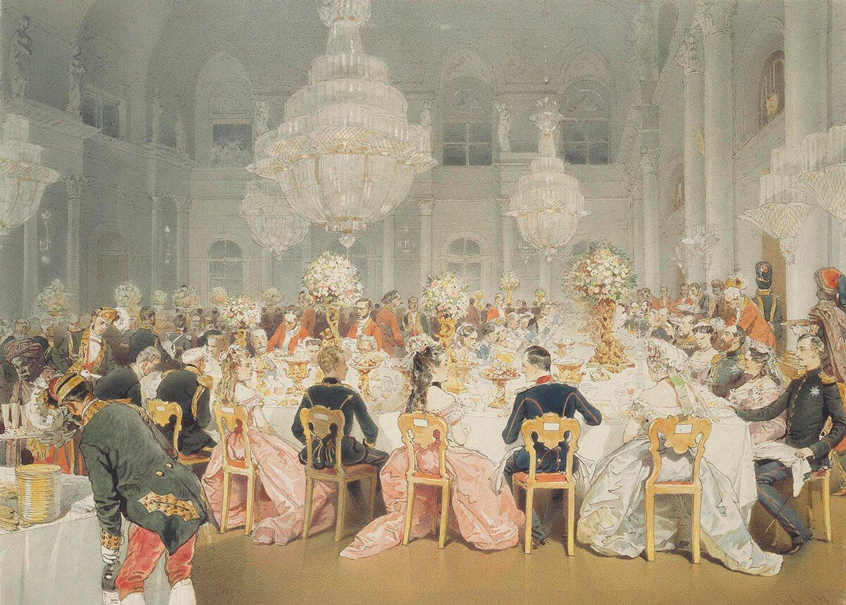 Jantar de gala na sala de concertos do Palácio de Inverno, 1873, Mikhai Zitchi. 