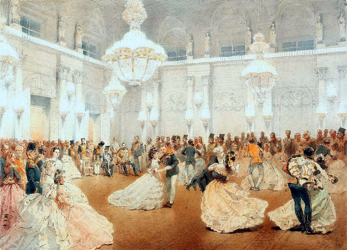 Baile no salão de concertos do Palácio de Inverno durante a visita oficial do Xá Naceradim, em maio de 1873.