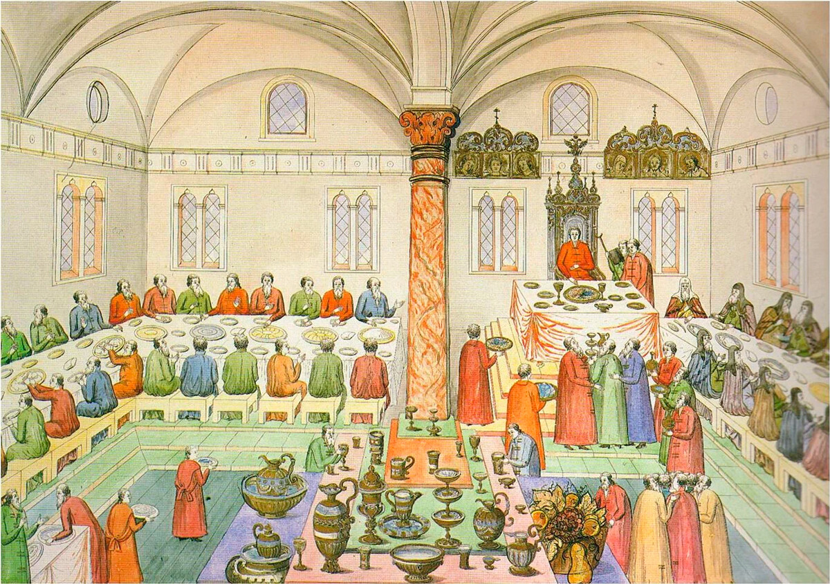 Proslava u Granovitoj palači Kremlja. Minijatura iz knjige o proglašenju carem Mihaila Fjodoroviča, 1672.-1673.