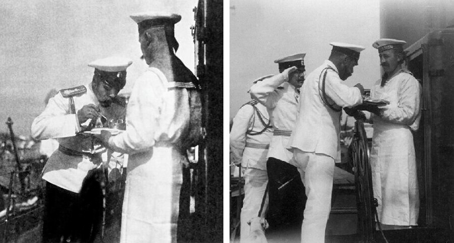 Nicholas II di atas kapal pesiar Standart mencicipi makanan.