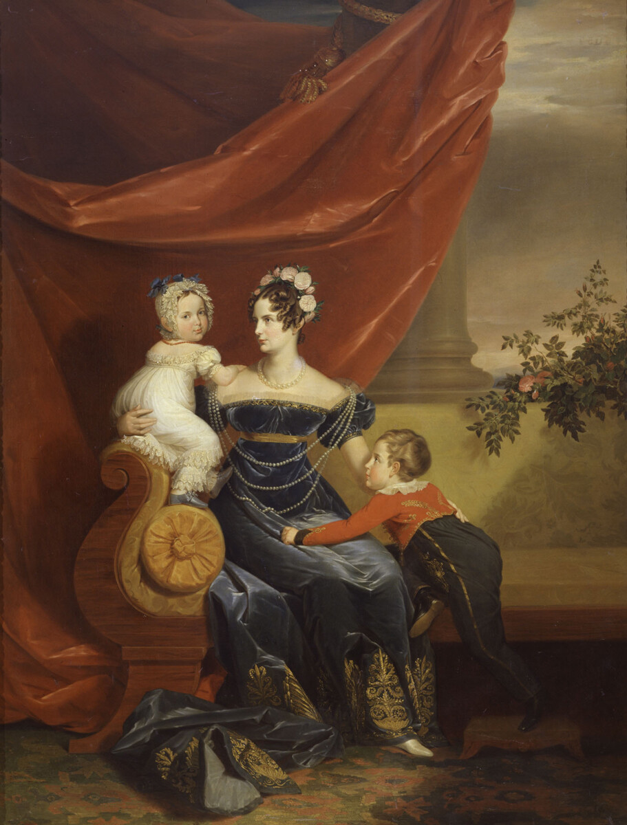 Retrato de la Gran Duquesa Alexandra Feódorovna con sus hijos, el Gran Duque Alexander Nikoláievich y la Gran Duquesa María Nikolaevna. 1821-1824, George Dow