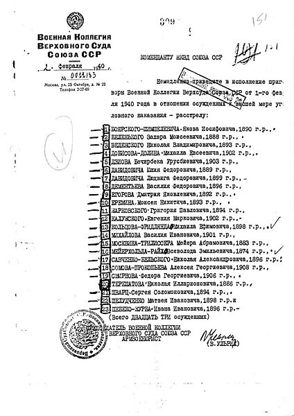 Orden de V.V. Ulrich, Presidente de la Comisión Militar de la Unión Soviética, para ejecutar a los condenados a muerte. En el listado aparecen el director teatral Vsévolod Meyerhold y Mijaíl Koltsov