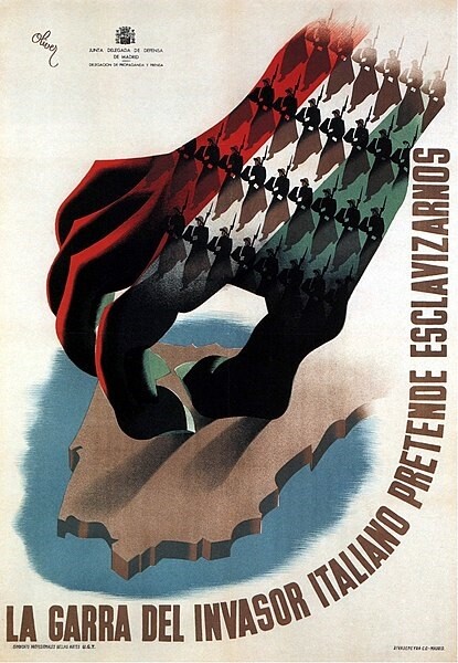 Cartel de propaganda contra la intervención de la Italia de Mussolini en la Guerra Civil Española.