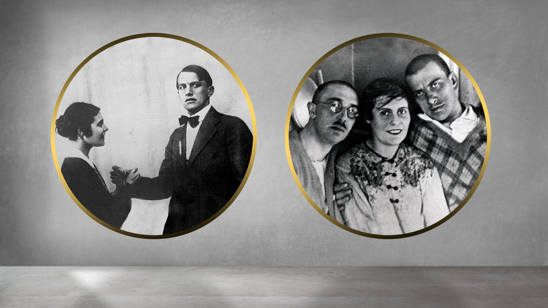 Lili Brik et Vladimir Maïakovski dans le film Enchaînée par le film, 1918; Ossip et Lili Brik avec Vladimir Maïakovski,années 1920