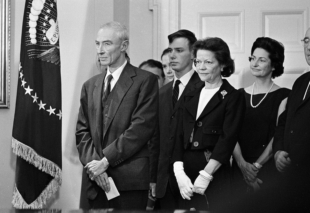 The Enrico Fermi science award, one of science's most coveted honors, was awarded to Dr. J. Robert Oppenheimer in a ceremony at the White House, Dec. 2, 1963.