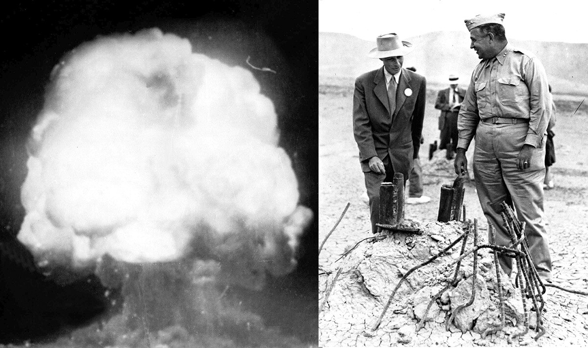La première bombe atomique américaine explose lors d'un essai à Alamogordo, au Nouveau-Mexique, le 16 juillet 1945. / Le général Leslie R. Groves, à droite, et Robert Oppenheimer examinent la zone d'Alamogordo, où se trouvait une tour avant l'explosion de la bombe expérimentale.