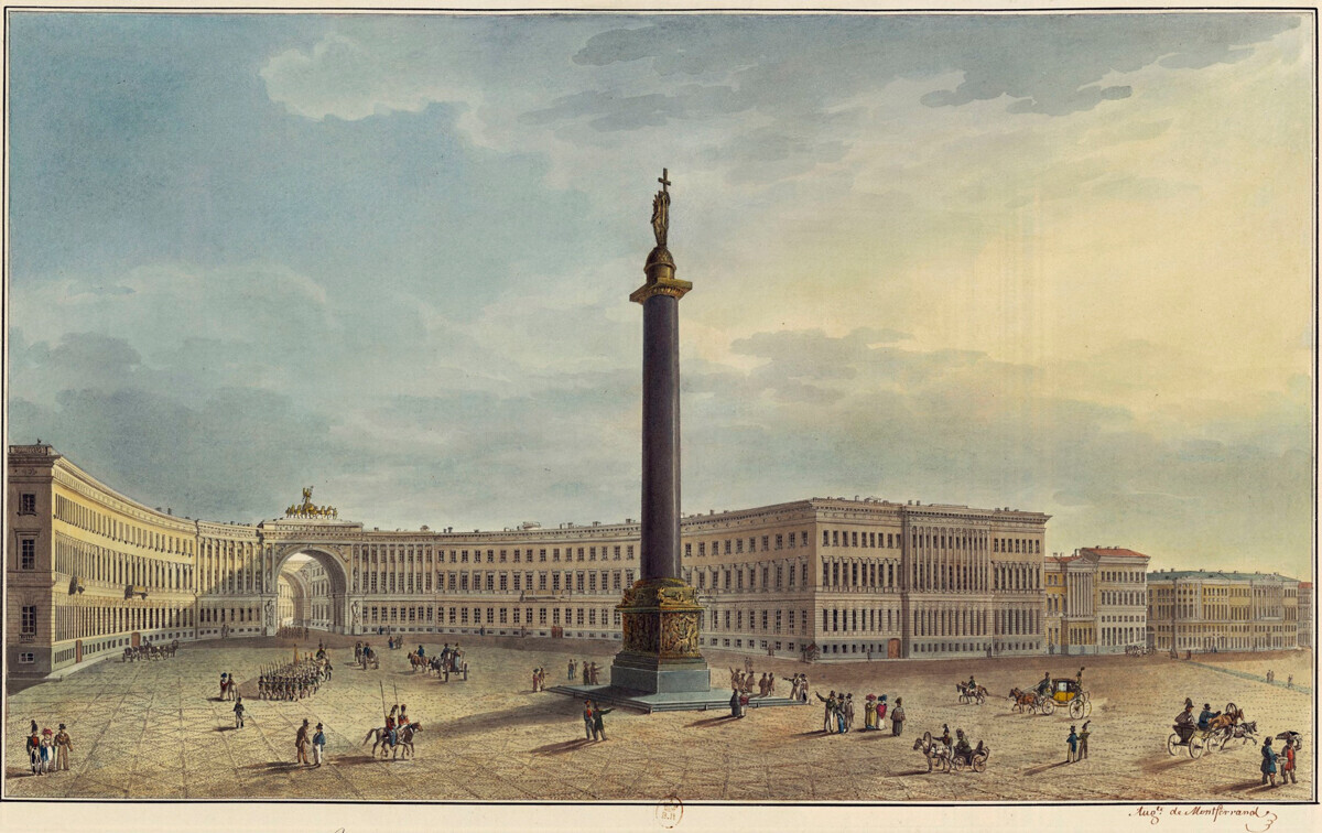 Площадь с Александровской колонной на рисунке О. Монферрана 1829–1830 года