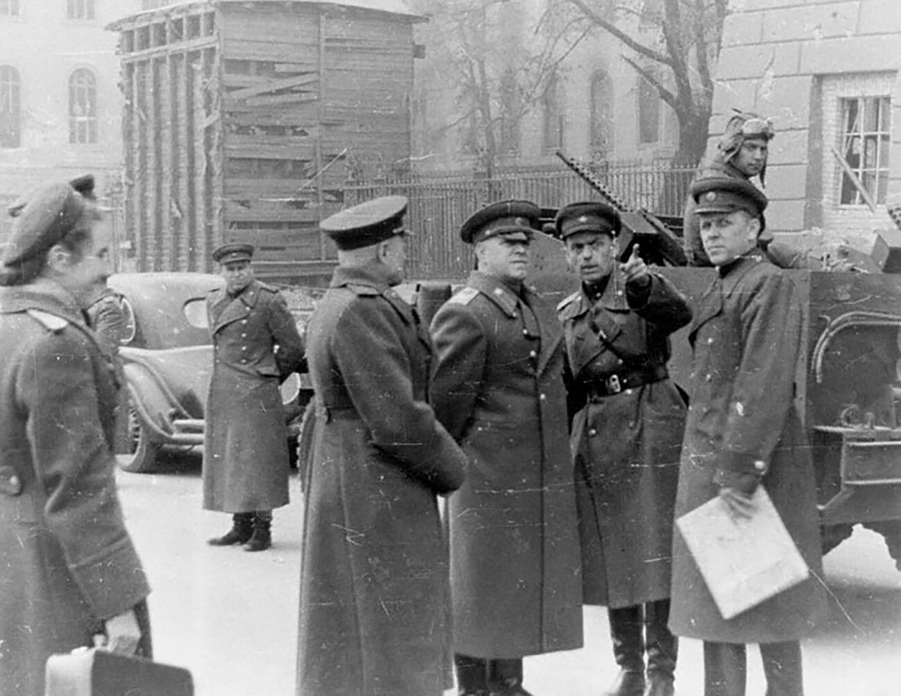 Marshal Georgy Zhukov guarded by a 'Scout' in Berlin.