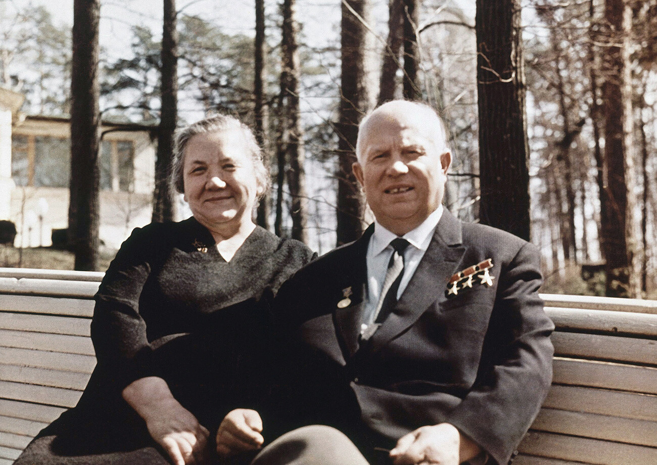 Former Soviet premier Nikita Khrushchev is seated with his wife Nina Petrovna at their dacha in Moscow in 1965