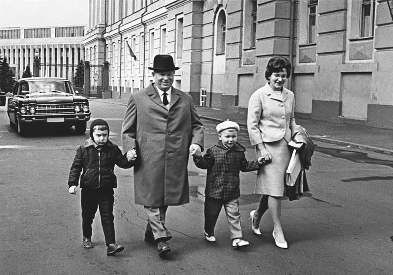 Nikita Khrushchev in the Moscow Kremlin with his daughter-in-law and grandchildren